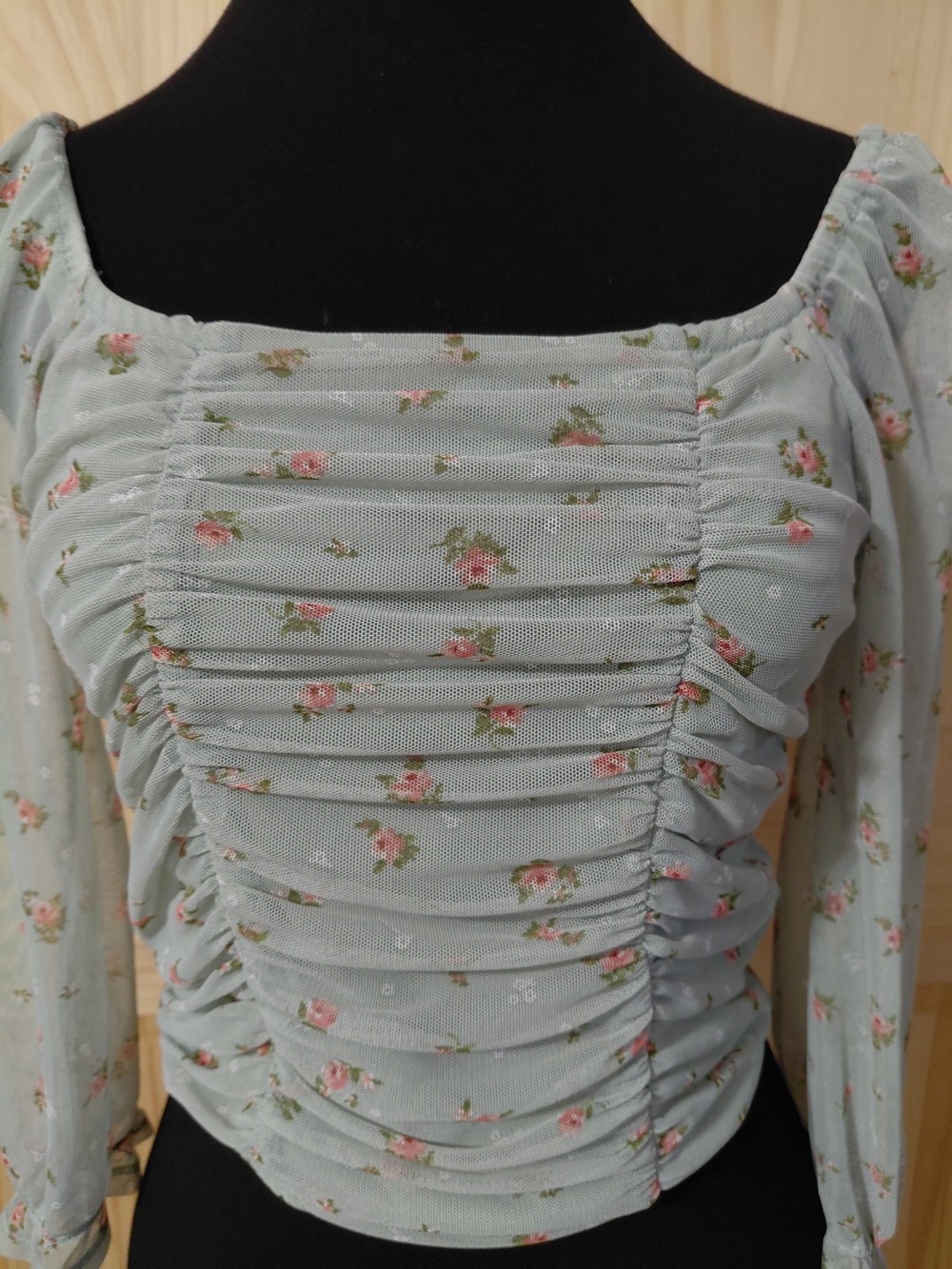 Monteau Light Blue Floral Ruched Square Neck Top - Picture 4 of 9